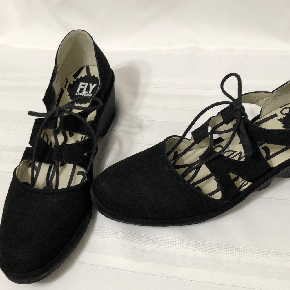 FLY London Black Suede Lace-up Wedge - Phis